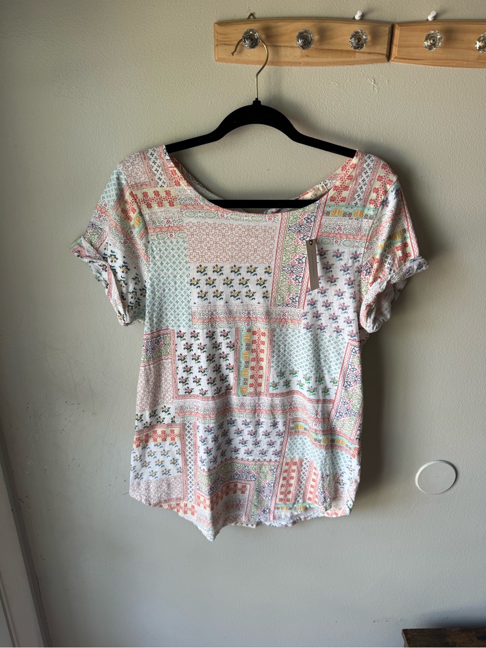 Anthropologie t.la Patchwork Tile Print Slub Cotton Tee Shirt NWT XL Boho